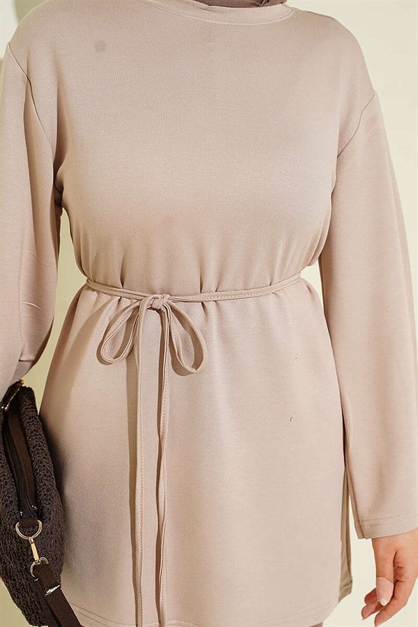 Loisha Wide-Sleeved Tunic with Drawstring Belt in Stone