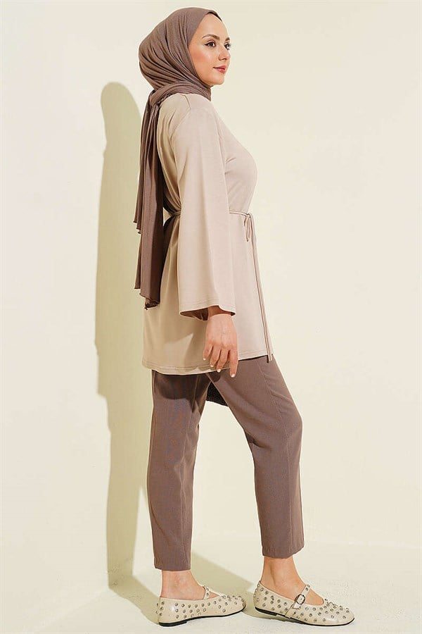 Loisha Wide-Sleeved Tunic with Drawstring Belt in Stone