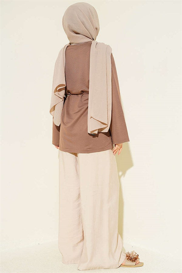 Loysa Wide-Sleeved Tunic with Drawstring Belt, Mink