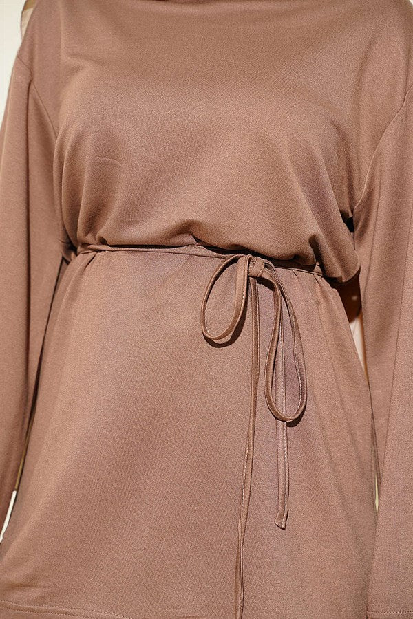 Loysa Wide-Sleeved Tunic with Drawstring Belt, Mink