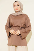 Loysa Wide-Sleeved Tunic with Drawstring Belt, Mink