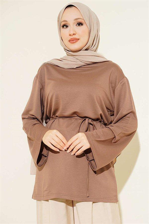Loysa Wide-Sleeved Tunic with Drawstring Belt, Mink