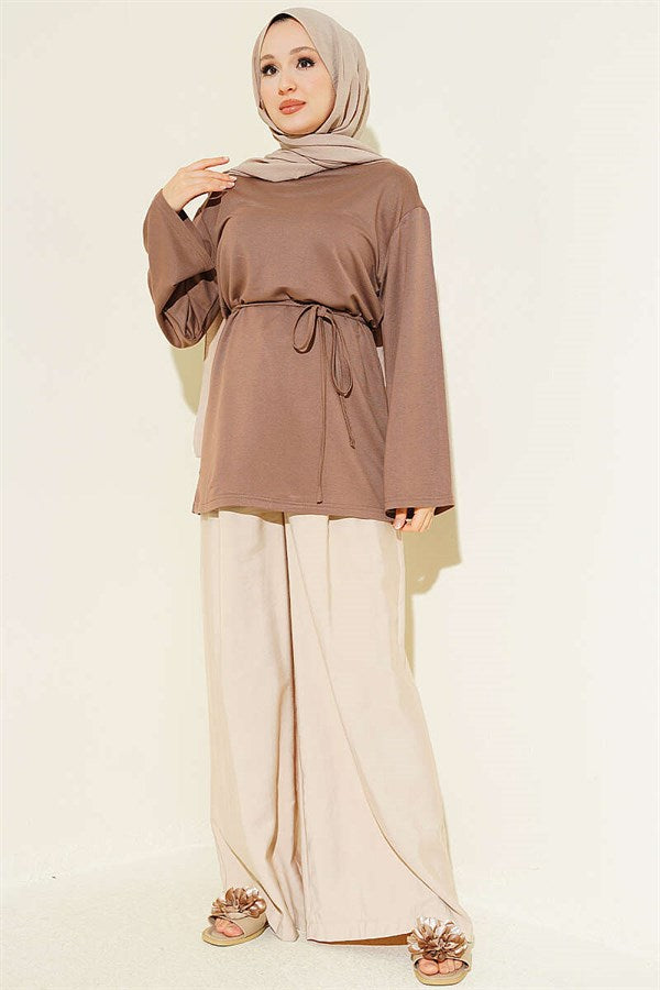Loysa Wide-Sleeved Tunic with Drawstring Belt, Mink