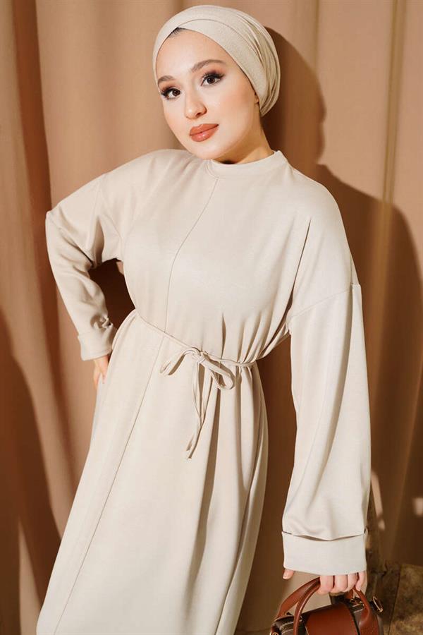 Loyşa Double Sleeve Dress with Rope Belt, Beige
