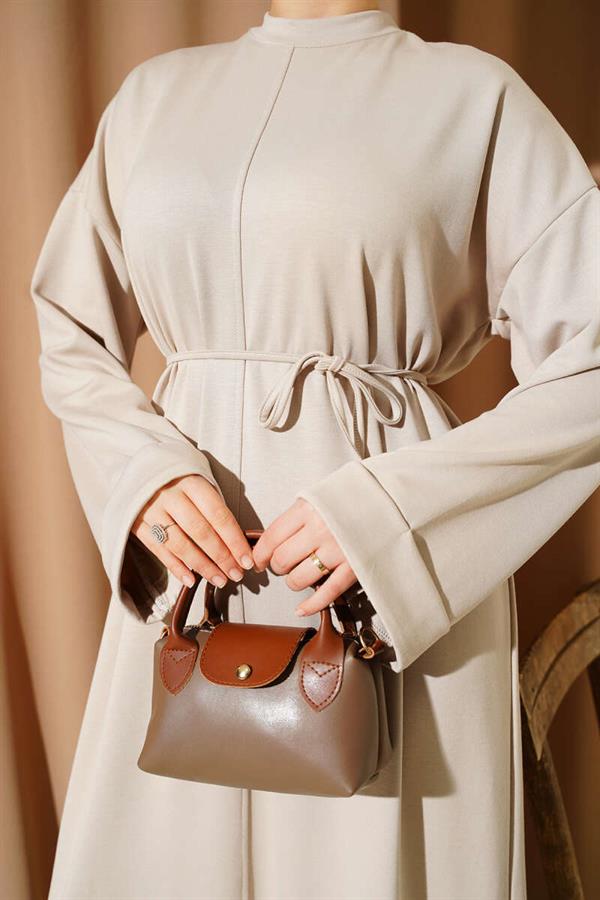 Loyşa Double Sleeve Dress with Rope Belt, Beige