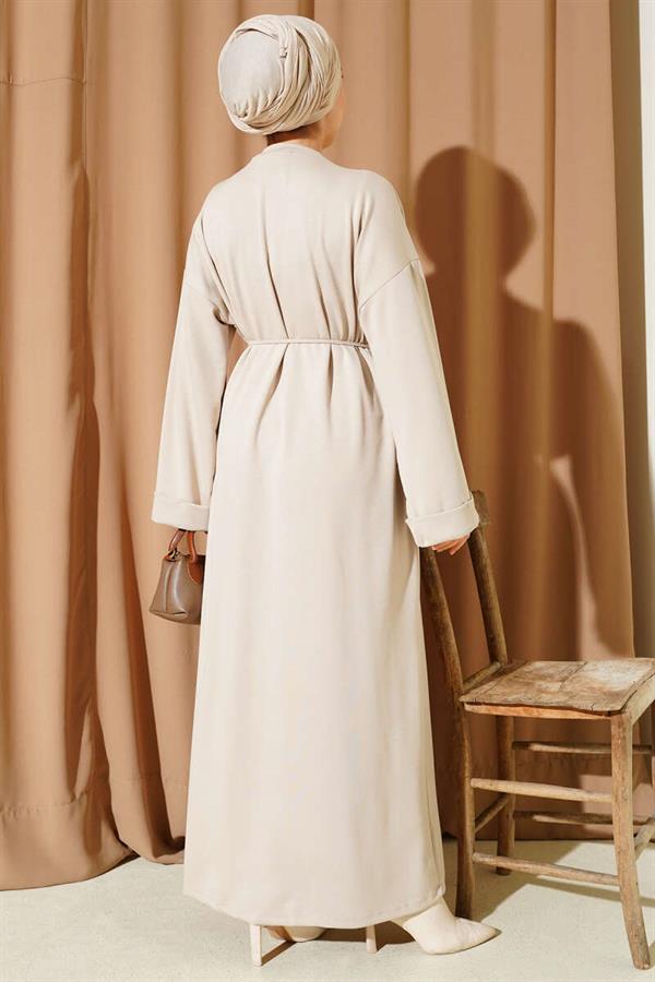 Loyşa Double Sleeve Dress with Rope Belt, Beige