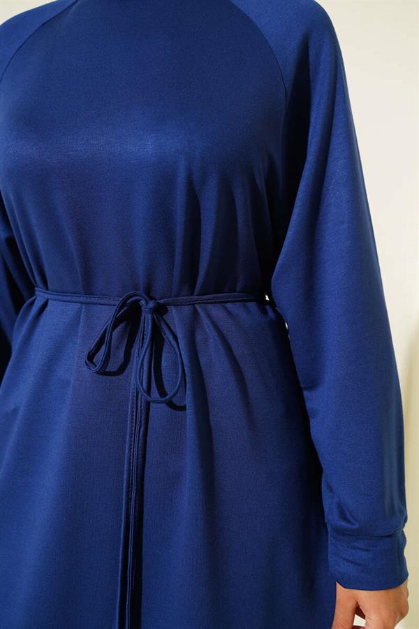 Loyşa Rope Belted Long Tunic Navy Blue