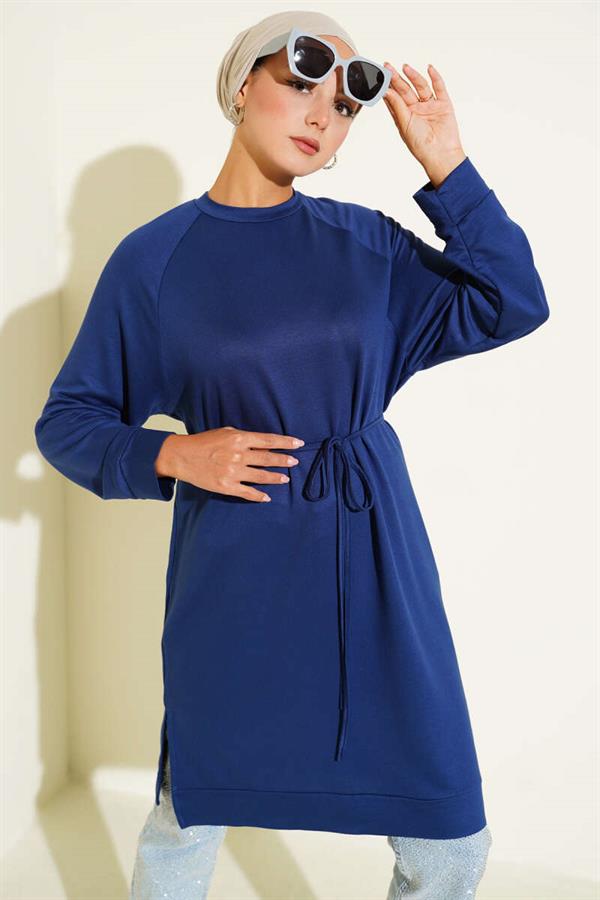 Loyşa Rope Belted Long Tunic Navy Blue
