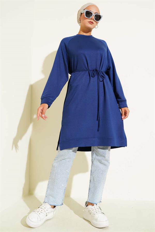 Loyşa Rope Belted Long Tunic Navy Blue
