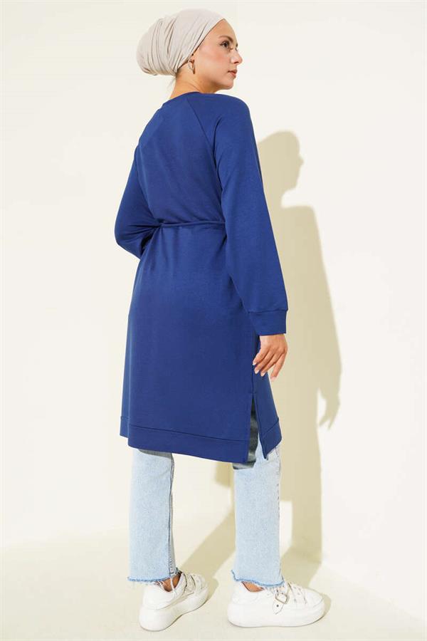 Loyşa Rope Belted Long Tunic Navy Blue