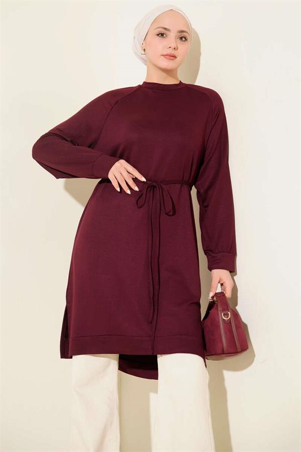 Loisha Long Tunic with Rope Belt, Plum