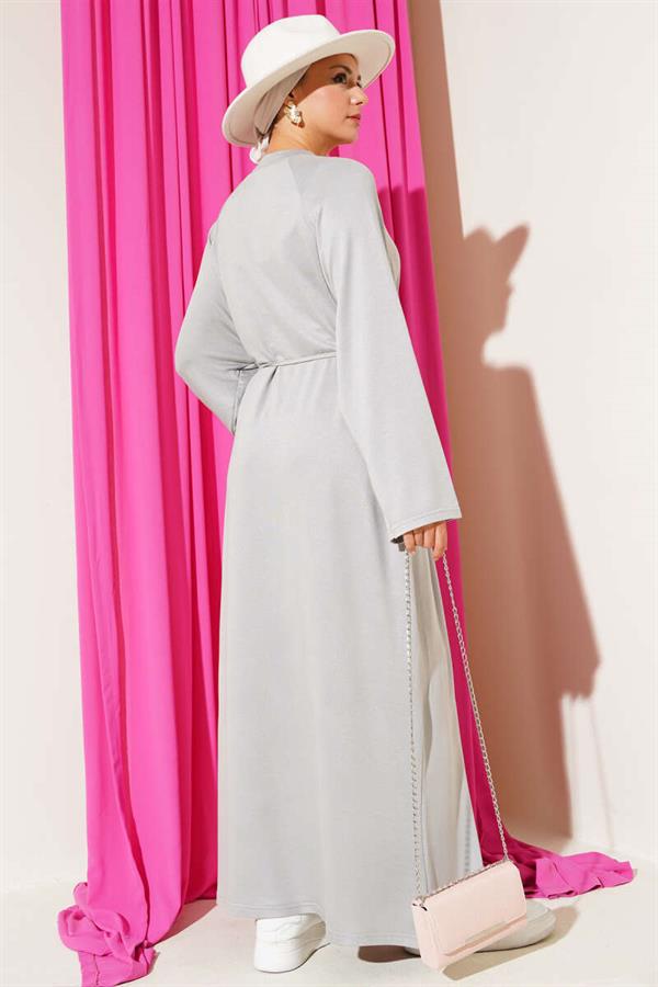 Loysha Sleeve Embroidered Rope Belted Dress Gray