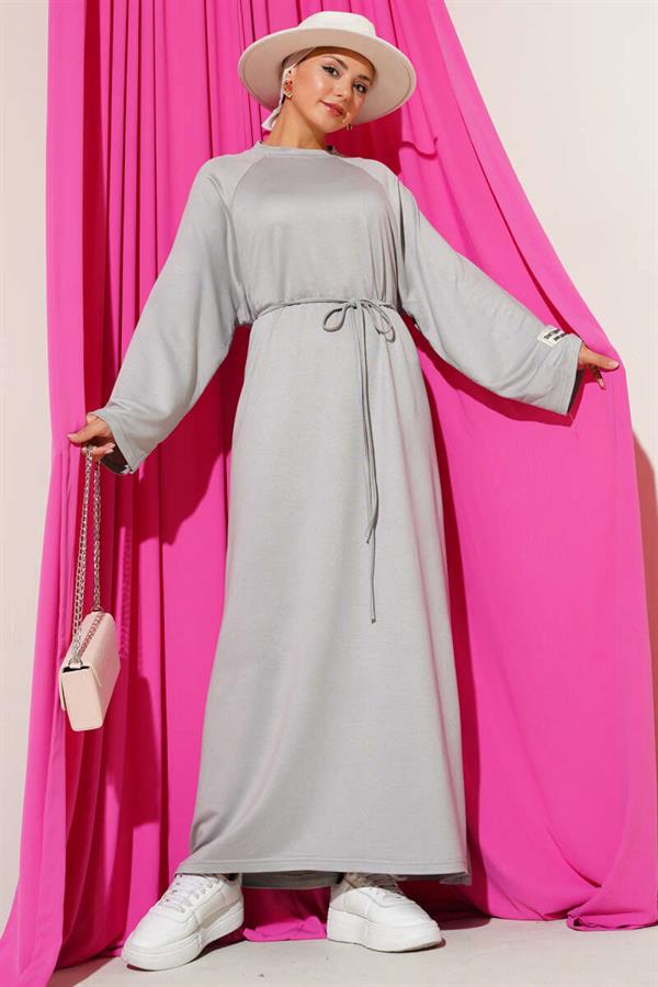 Loysha Sleeve Embroidered Rope Belted Dress Gray