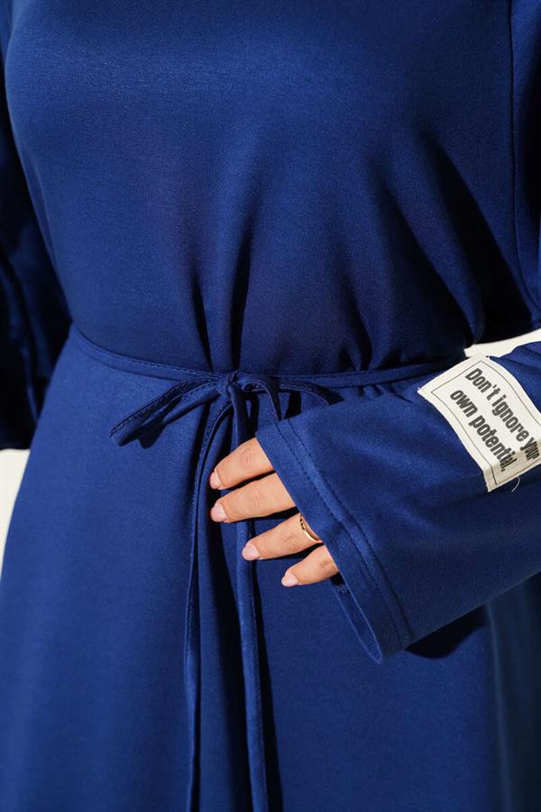 Loysha Sleeve Embroidered Rope Belted Dress Navy Blue