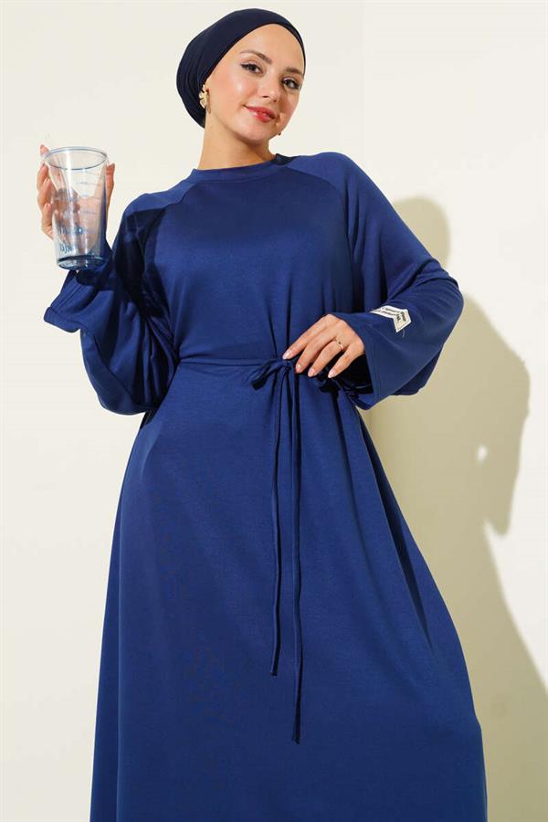 Loysha Sleeve Embroidered Rope Belted Dress Navy Blue