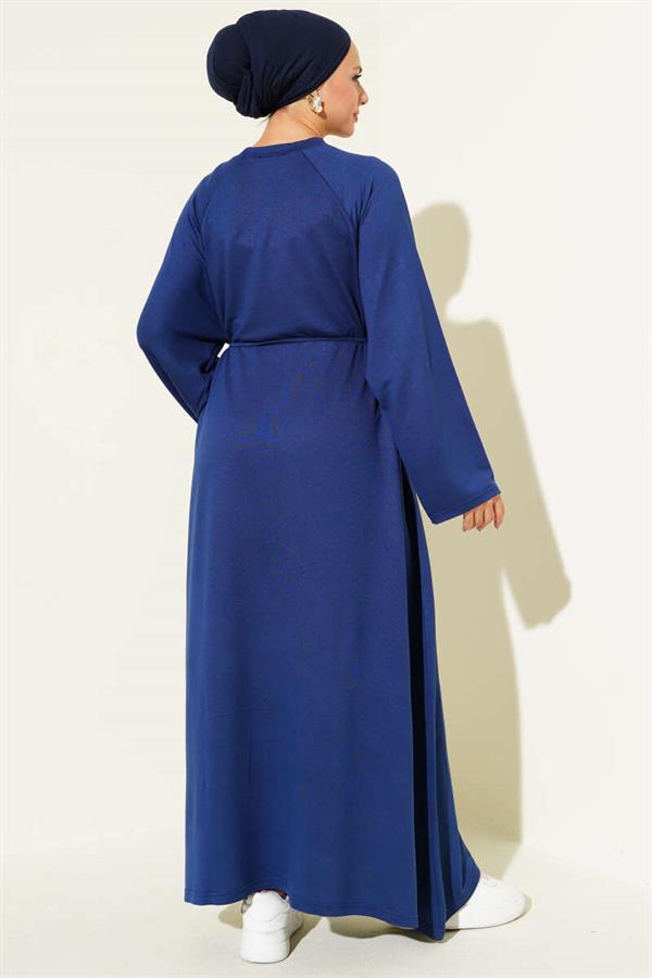 Loysha Sleeve Embroidered Rope Belted Dress Navy Blue
