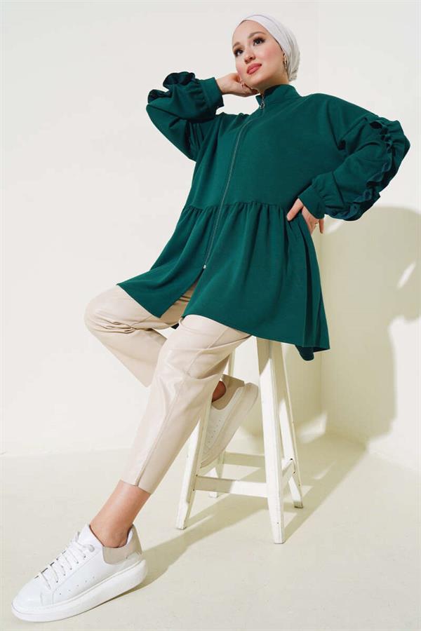 Loysha Sleeve Frilled Cardigan Emerald
