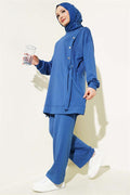 Loyşa Metal Button Detailed 2 Piece Set Indigo