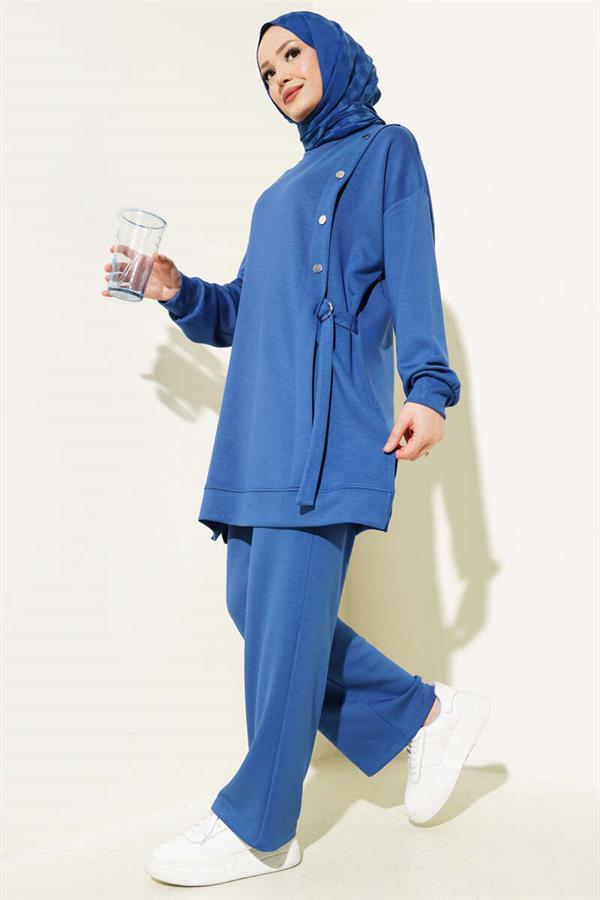 Loyşa Metal Button Detailed 2 Piece Set Indigo