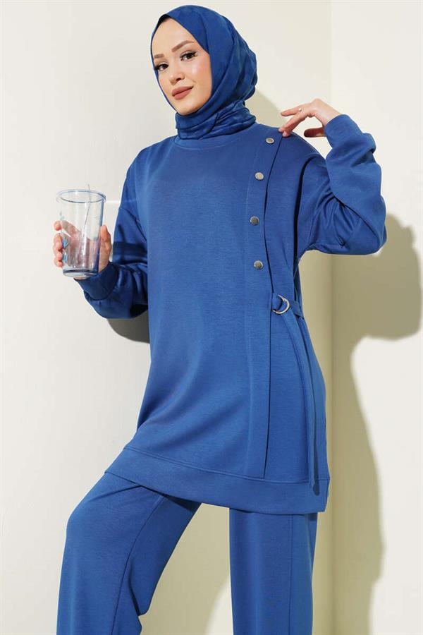 Loyşa Metal Button Detailed 2 Piece Set Indigo