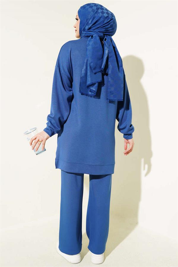 Loyşa Metal Button Detailed 2 Piece Set Indigo