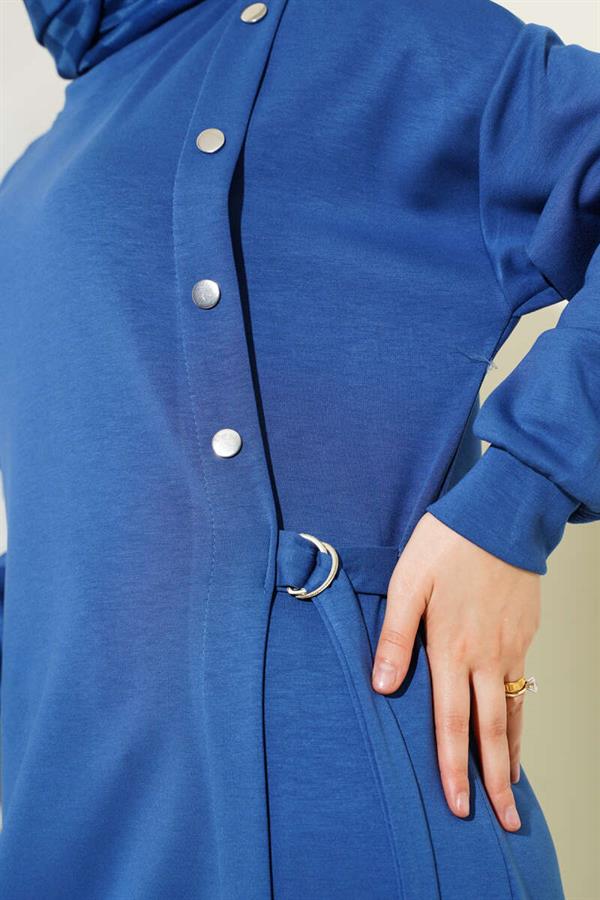 Loyşa Metal Button Detailed 2 Piece Set Indigo