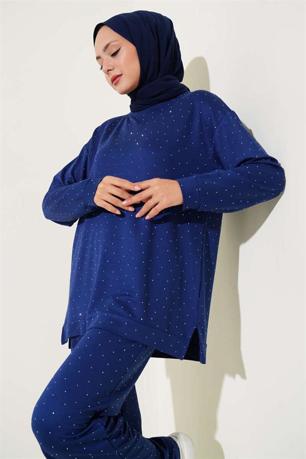 Loyşa Mini Stone-Decorated 2 piece Set Navy Blue