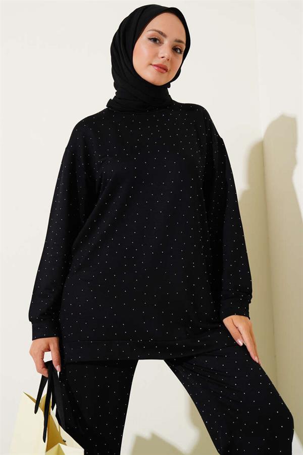 Loyşa Mini Stone Embellished 2 Piece Set Black