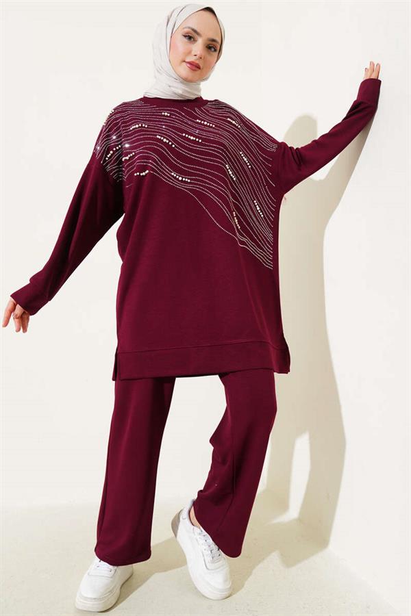 Loyşa Stoned Pearl Front Tunic 2 Piece Set Burgundy