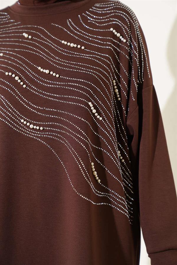 Loysha Front Stoned Pearl Tunic 2 Piecet Set Brown