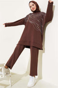 Loysha Front Stoned Pearl Tunic 2 Piecet Set Brown