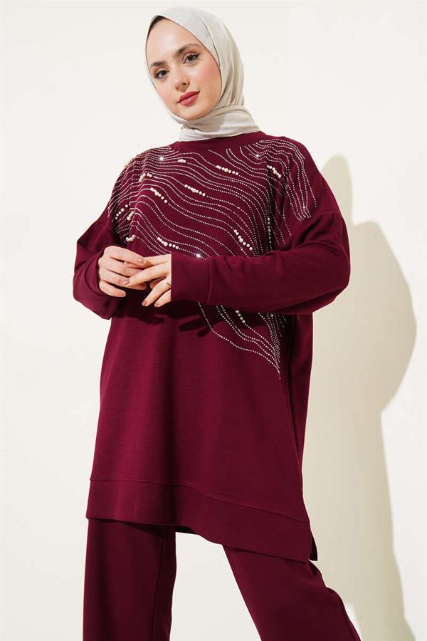 Loyşa Stoned Pearl Front Tunic 2 Piece Set Burgundy