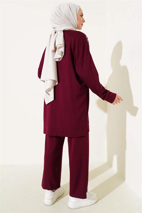 Loyşa Stoned Pearl Front Tunic 2 Piece Set Burgundy