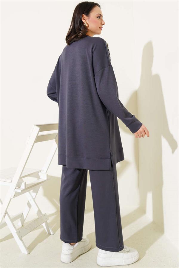 Loysha Front Stoned Pearl Tunic 2 Piece Set Smoke