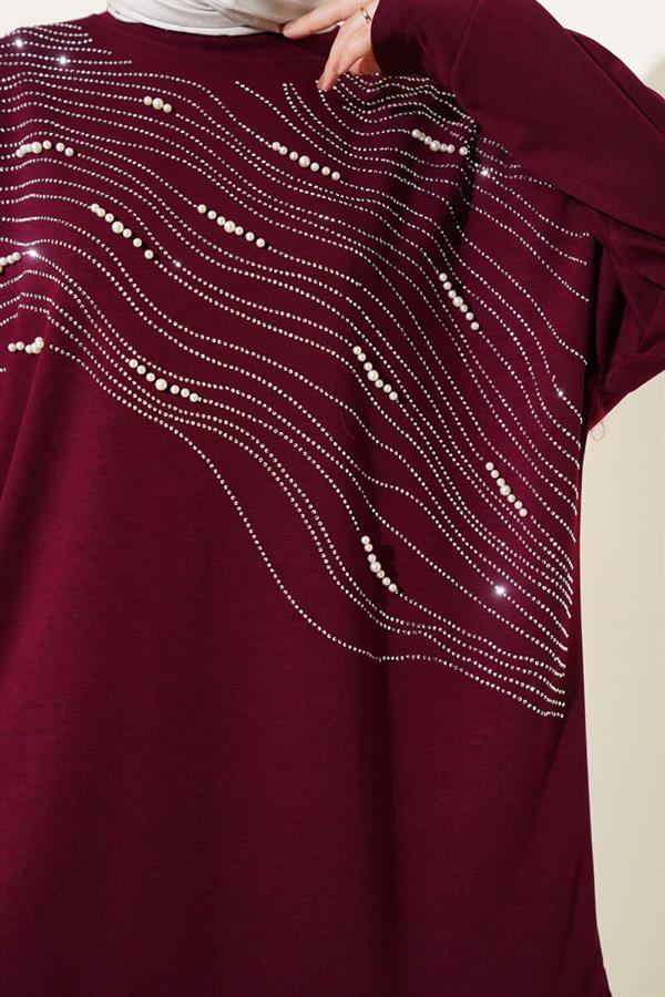 Loyşa Stoned Pearl Front Tunic 2 Piece Set Burgundy