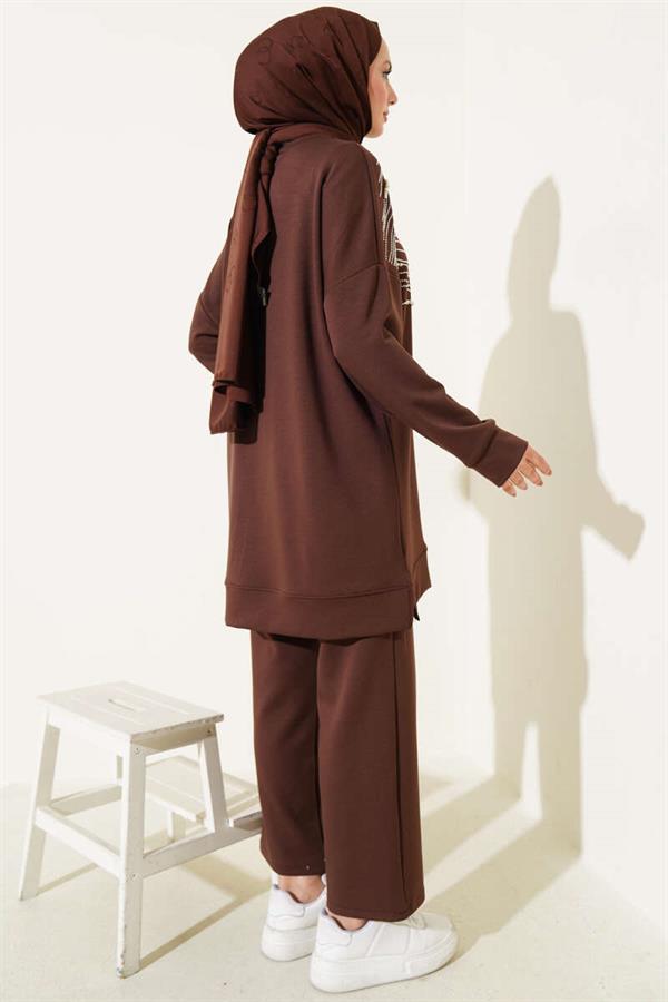 Loysha Front Stoned Pearl Tunic 2 Piecet Set Brown