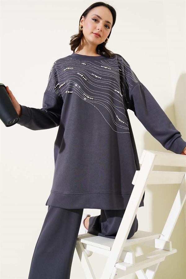 Loysha Front Stoned Pearl Tunic 2 Piece Set Smoke