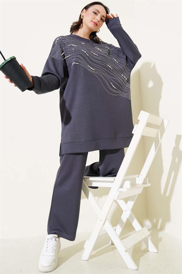 Loysha Front Stoned Pearl Tunic 2 Piece Set Smoke