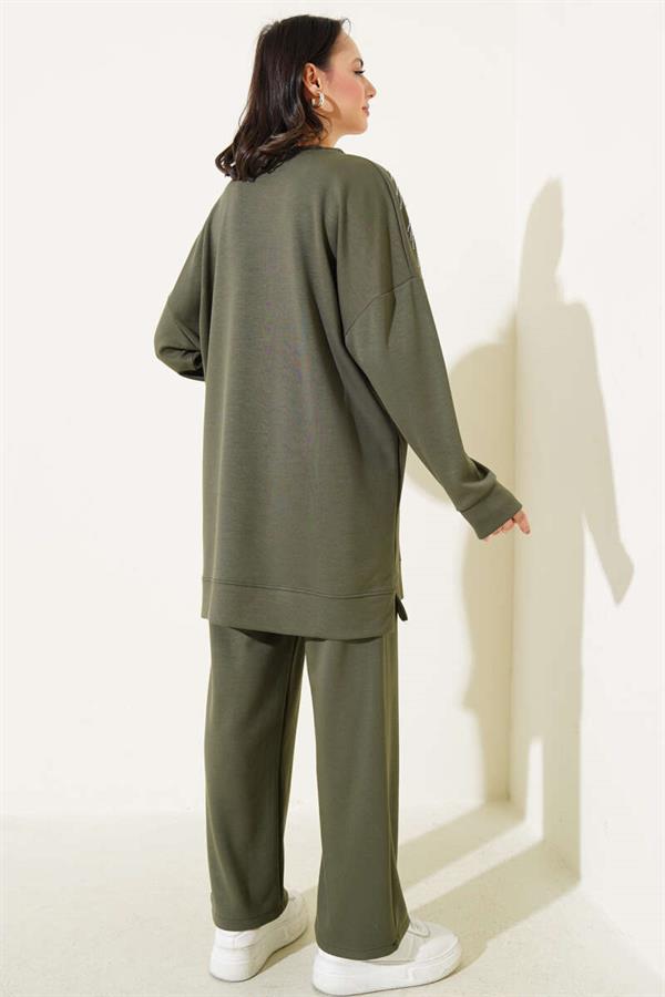 Loysha Front Stoned Pearl Tunic 2 Piecet Set Khaki