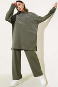 Loysha Front Stoned Pearl Tunic 2 Piecet Set Khaki