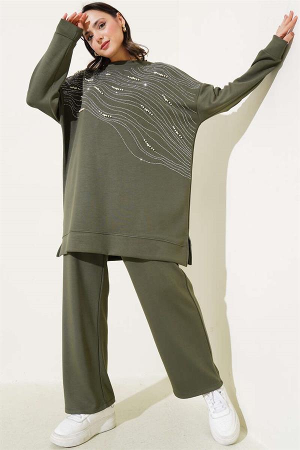 Loysha Front Stoned Pearl Tunic 2 Piecet Set Khaki
