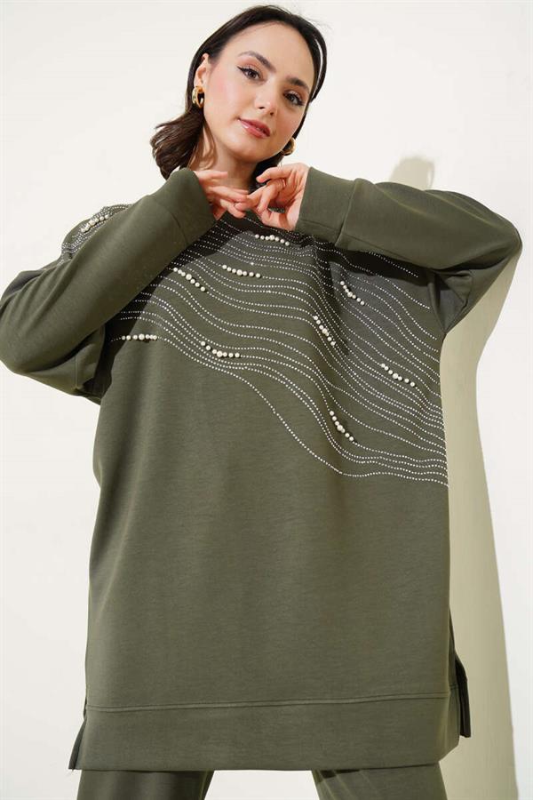 Loysha Front Stoned Pearl Tunic 2 Piecet Set Khaki