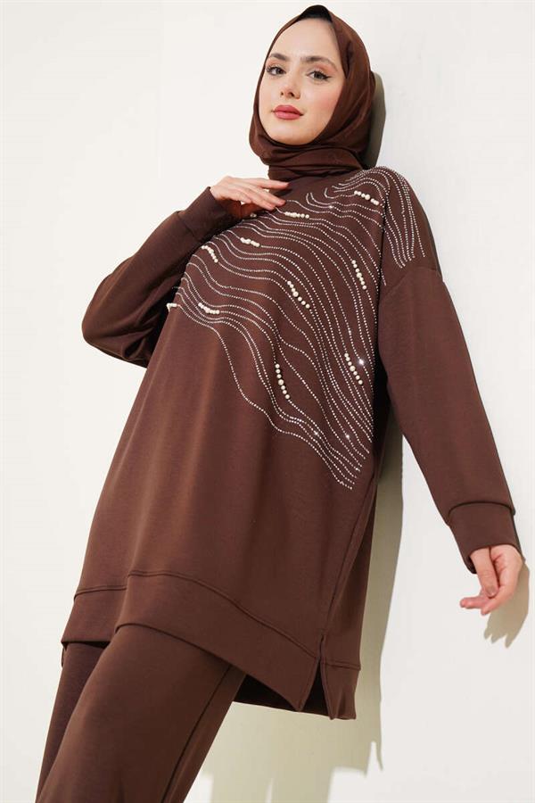 Loysha Front Stoned Pearl Tunic 2 Piecet Set Brown