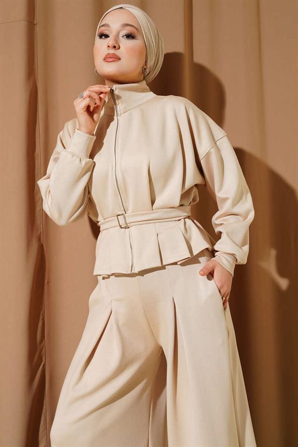 Loyşa Pincer Detailed 2 Piece Set Beige