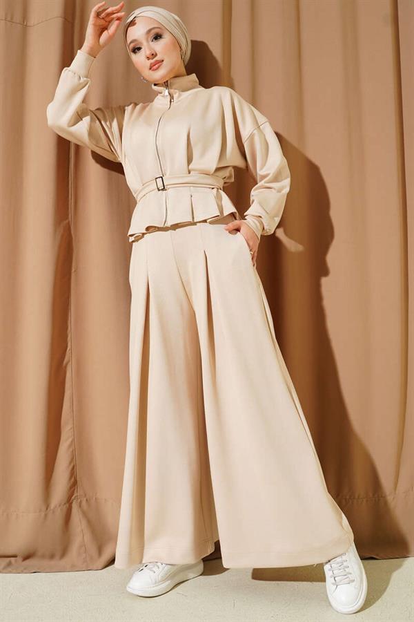 Loyşa Pincer Detailed 2 Piece Set Beige
