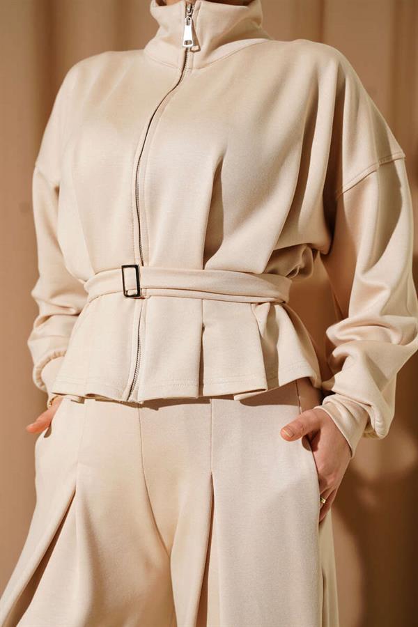Loyşa Pincer Detailed 2 Piece Set Beige