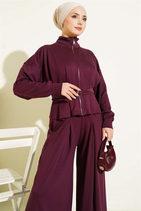 Loyşa Dart Detailed 2 Piece Set Burgundy