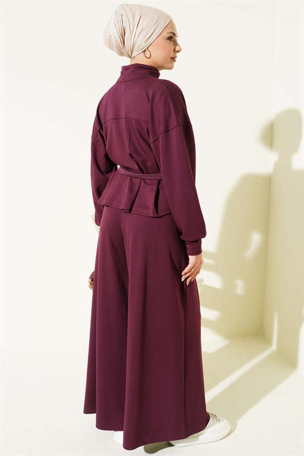 Loyşa Dart Detailed 2 Piece Set Burgundy