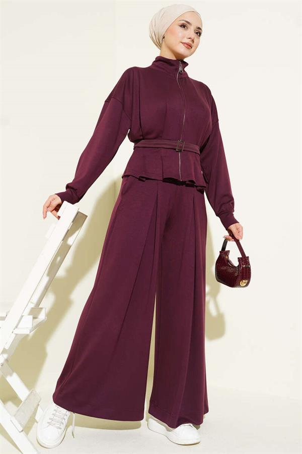Loyşa Dart Detailed 2 Piece Set Burgundy