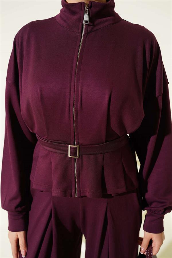 Loyşa Dart Detailed 2 Piece Set Burgundy